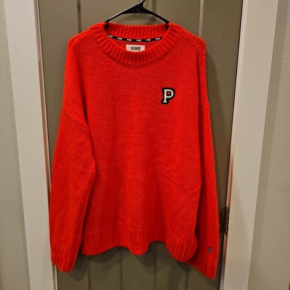 Victoria’s Secret Pink Campus Oversized  Pullover Crochet Sweater Neon Red L